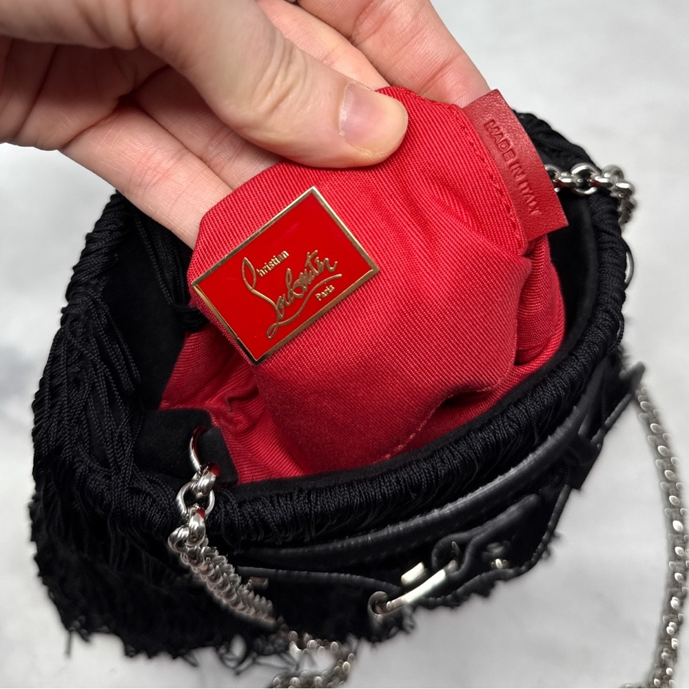 Christian Louboutin Belted Fringe Suede Crossbody Bucket Bag Chain Strap Black - Picture 6 of 13